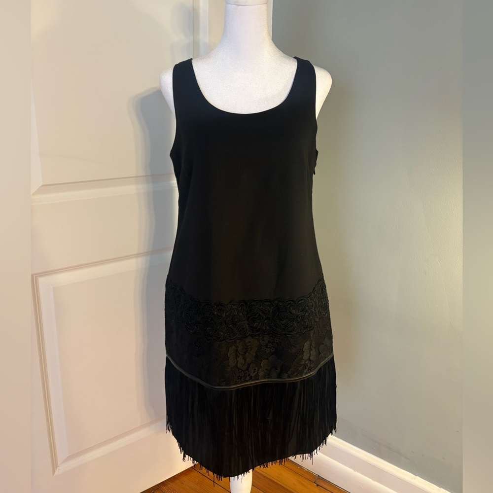 Black shift dress with lace and fringe detail